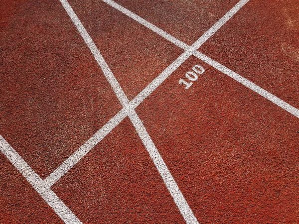 Cinta Correr Roja Con Líneas Blancas Estadio Deportivo Pistas Rojas — Foto de Stock