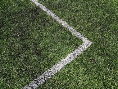 Spor stadyumunun yeşil çimlerinde beyaz çizgi. Futbol stadyumunda yapay spor yüzeyi yeşil çimen taklidi