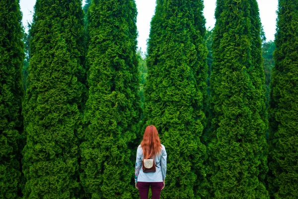 Redhead Girl Standing Front Green Cedars — Stock Photo, Image