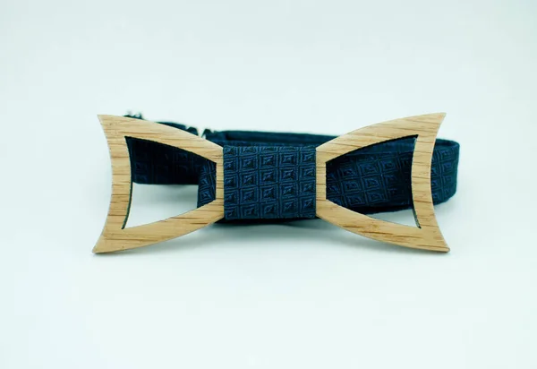 Stylish Wooden Bowtie Blue Soft Cloth Ribbon Isolated — Stock Photo, Image