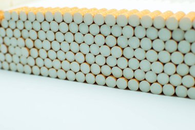 Birden çok beyaz sigara (tüpler) üst üste sarı filtreli. İzole