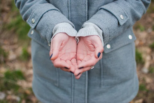 Tender Girl Pale Hands Making Cupping Gesture Open Palms Empty — Stock Photo, Image