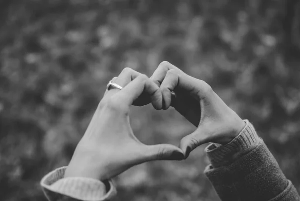 Tender girl\'s pale hands forming a heart shape gesture. Concept (idea) of love, friendship, romance, passion. Black and white.