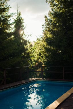 Yaz güneşi Karpat Dağları'nda eski terk edilmiş havuz üzerinde