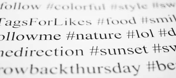 Closeup Typed Popular Hashtags Words Paper Sheet Abstract Concept Social — Stock Photo, Image