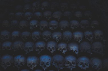 Collection of skulls covered with spider web and dust in the catacombs. Numerous creepy skulls in the dark highlighted by candle light. Abstract concept symbolizing death, terror, and evil. Vintage retro colors clipart
