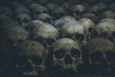 Kafatasları topluluğu örümcek ağı ve catacombs toz kaplı. Satır karanlıkta ürpertici kafatasları. Ölüm, terör ve kötülüğü simgeleyen soyut kavram.