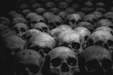 Kafatasları topluluğu örümcek ağı ve catacombs toz kaplı. Satır karanlıkta ürpertici kafatasları. Ölüm, terör ve kötülüğü simgeleyen soyut kavram.