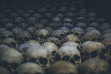 Kafatasları topluluğu örümcek ağı ve catacombs toz kaplı. Satır karanlıkta ürpertici kafatasları. Ölüm, terör ve kötülüğü simgeleyen soyut kavram.