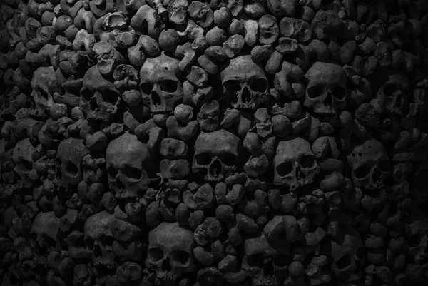 收集的头骨和骨骼覆盖着蜘蛛网和灰尘在地下墓穴 在黑暗中的许多令人毛骨悚然的头骨 象征死亡 恐怖和邪恶的抽象概念 — 图库照片
