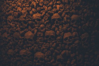 Collection of skulls and bones covered with spider web and dust in the catacombs. Numerous creepy skulls in the dark. Abstract concept symbolizing death, terror, and evil. clipart