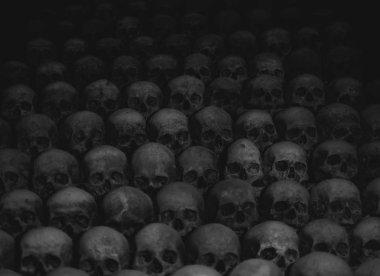 Kafatasları topluluğu örümcek ağı ve catacombs toz kaplı. Karanlıkta çok sayıda ürpertici kafatasları.