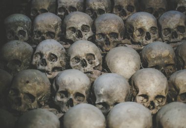 Kafatasları topluluğu örümcek ağı ve catacombs toz kaplı. Karanlıkta çok sayıda ürpertici kafatasları.
