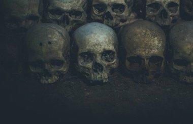 Kafatasları topluluğu örümcek ağı ve catacombs toz kaplı. Karanlıkta çok sayıda ürpertici kafatasları.