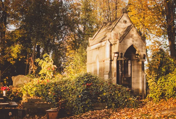 Starożytna Kaplica Cmentarzu Słonecznej Jesieni Aftetnoon Złoty Żółty Zmierzch Drzew — Zdjęcie stockowe