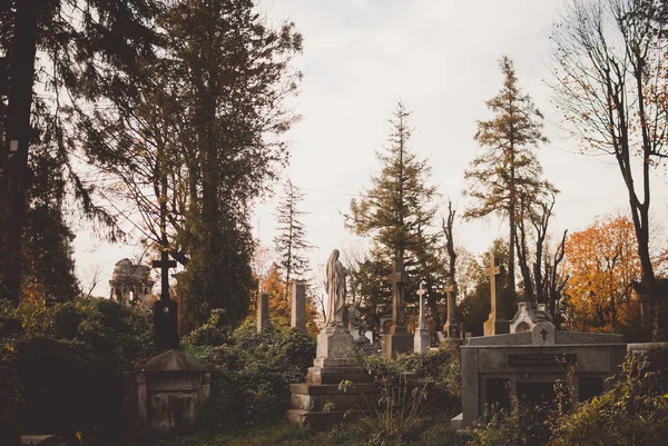 Güzel Anıtları Mezar Taşları Mezar Taşı Mezarlık Twilight Ile Kaplı — Stok fotoğraf