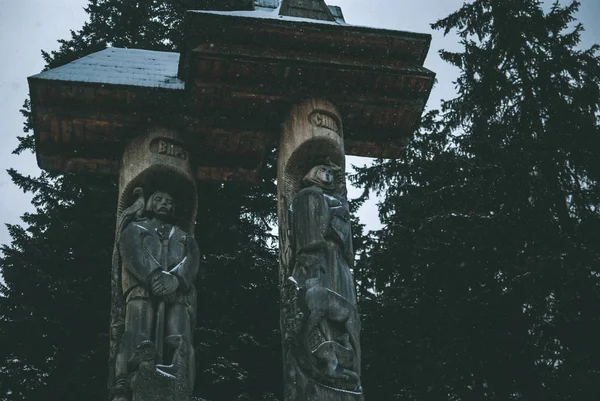 Estatuas Madera Los Personajes Syn Vyr Cerca Del Lago Synevyr — Foto de Stock