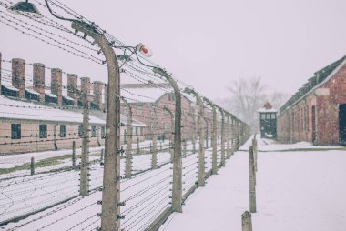 Oswiecim, Polonya - 16 Şubat 2018: dikenli tel çit Auschwitz toplama kampı ünlü arch yakınındaki.