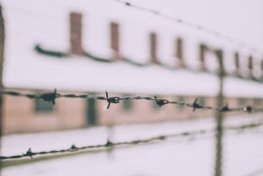 Dikenli tel çit Auschwitz toplama kampı ünlü arch yakınındaki closeup.