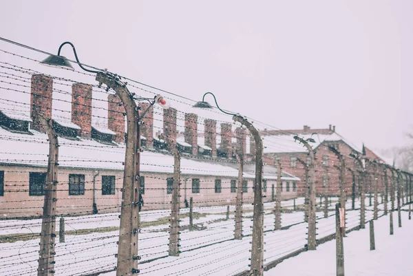 Oswiecim, Polonya - 16 Şubat 2018: dikenli tel çit Auschwitz toplama kampı ünlü arch yakınındaki.