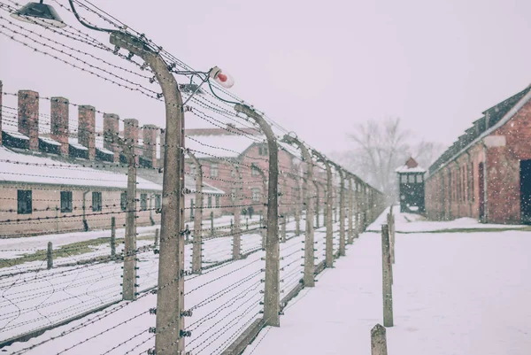 Oswiecim Польща Лютого 2018 Роки Колючий Дріт Огорожі Біля Знамениту — стокове фото