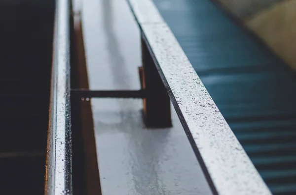 Close Raindrops Metal Handrails Stairs Reflection Grey Cloudy Sky — Stock Photo, Image