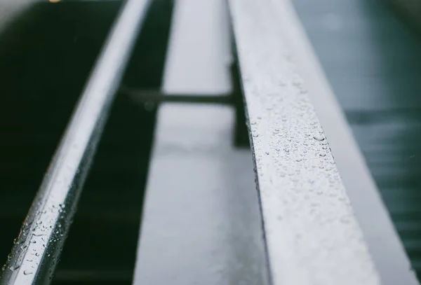 Close Raindrops Metal Handrails Stairs Reflection Grey Cloudy Sky Rainy — Stock Photo, Image