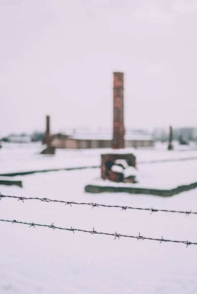 Närbild Elektrifierad Taggtråd Staket Koncentrationslägret Auschwitz Resterna Lägret Bakgrunden — Stockfoto