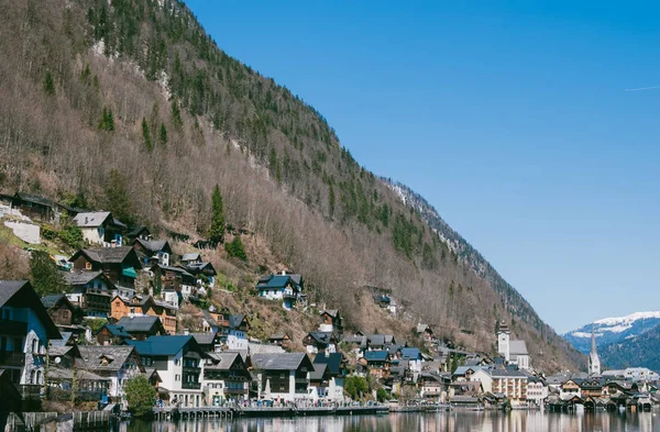 Panoramic View Hallstatt Village Located Austria Black Roofs Houses Located — Stock Photo, Image