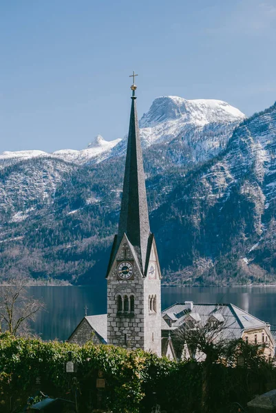 Belfry Church White Mountains Hallstatt Village Austria — Stock Photo, Image