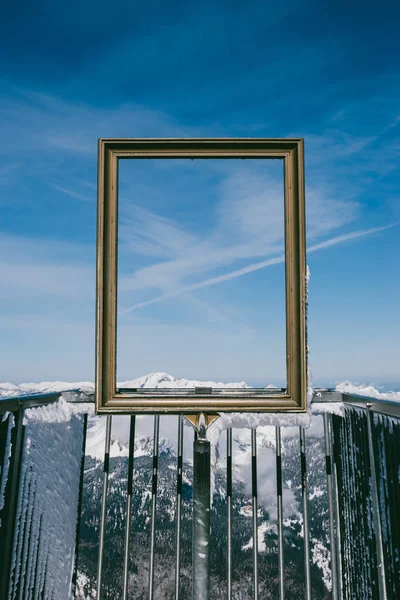 Spectacular View Clear Sky Snowy Mountain Peaks Golden Picture Frame — Stock Photo, Image