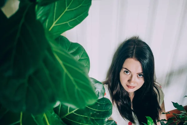 Pretty Brunette Girl Sitting Flowerpot Floor Living Room Looking Camera — Stock Photo, Image