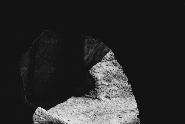 Black and white cave inside the mountain. Abstract. Monochromatic