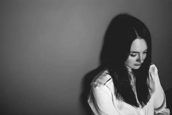 Pretty Pale Brunette Looking Distance Her Beautiful Dark Eyes Partly — Stock Photo, Image