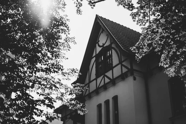 Soft black and white image of a residential house with classic gable roof under summer sunlight in a park among tree branches.