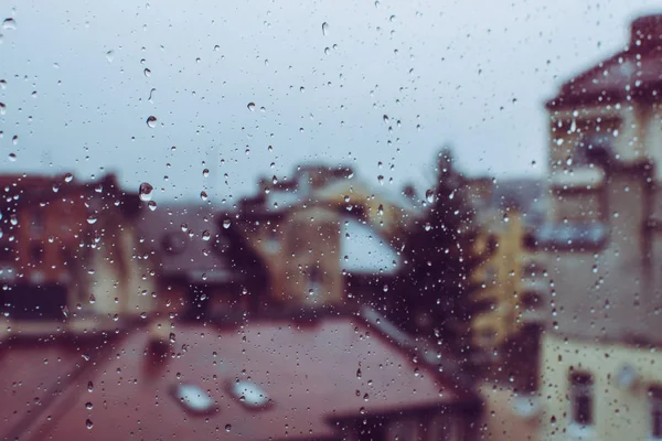 Belas Gotas Chuva Cristal Vidro Janela Edifícios Vistos Pela Janela — Fotografia de Stock