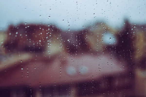 Beautiful Crystal Raindrops Window Glass Buildings Seen Window Cloudy Autumn — Stock Photo, Image