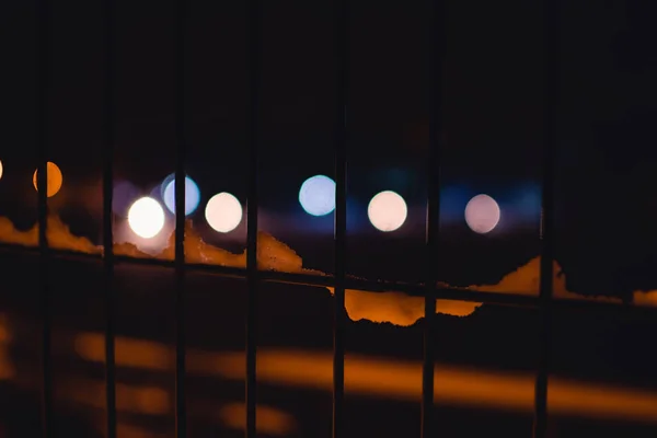 Beautiful Bokeh Effect Blurred Colorful Lights Stadium Seen Throught Fence — Stock Photo, Image