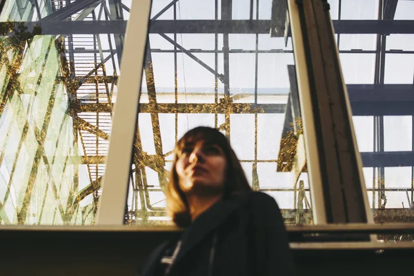 Blurred Portrait Caucasian Girl Standing Greenhouse Windows Botanical Park Cinematic — Stock Photo, Image