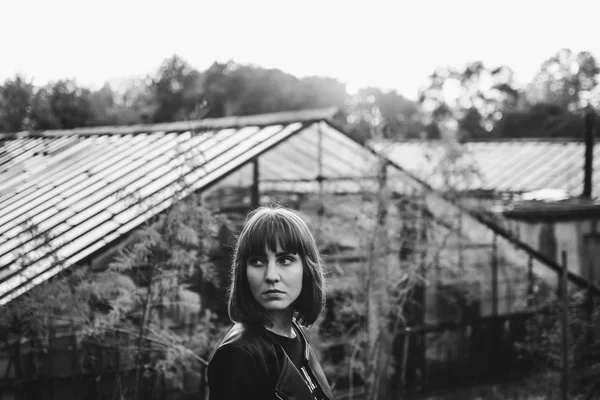 Good Looking Young Caucasian Woman Care Haircut Forelock Standing Greenhouse — Stock Photo, Image