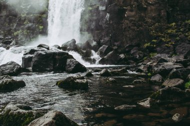 Thingvellir Milli Parkı Oxararfoss şelale, İzlanda kayalarla dolu havuza nehirden akan. Kayaların arasında soğuk karanlık su ve yeşil çimen