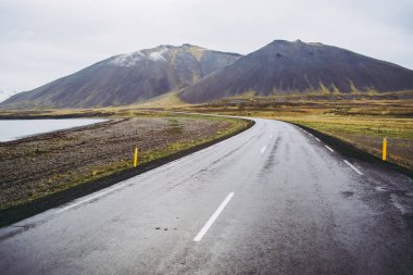 Güzel İzlanda yollarının tipik koyu gri ıslak asfalt. Göl kenarındaki otoban ve gri bulutlarla kaplı cesur dağlar. Soluk yeşil çimen.