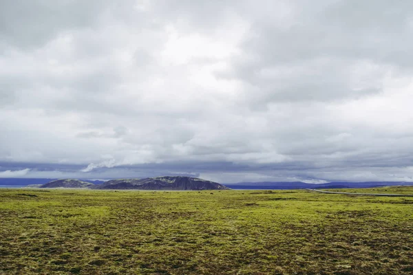 Oändliga landskap på Island. Ljust grönt gräs och dimmiga berg under grå regniga moln. — Stockfoto