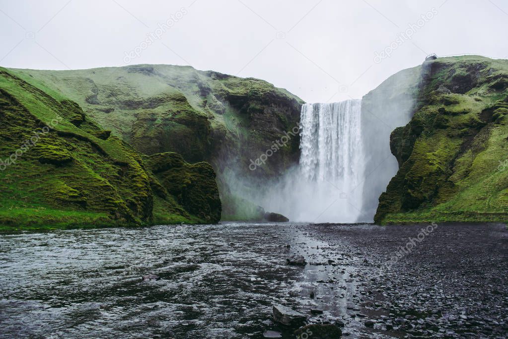 The panorama of the famous Skogarfoss waterfall in Iceland. A part of the Golden Circle route