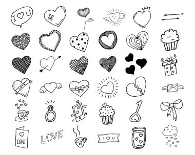 Hand drawn hearts doodle design elements, isolated hearts collection, vector illustration