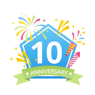 Şablonu Logo fireworks ve içindeki Numarası10 10th yıldönümü ve yıldönümü yıl etiketli. Vektör temlate