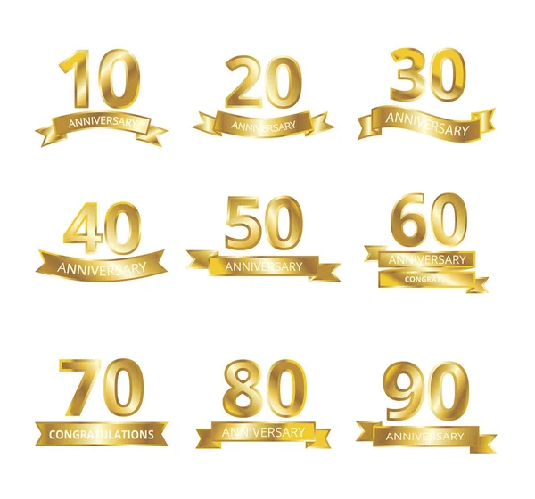 Fechas de aniversarios con un efecto metálico dorado para el diseño de carteles, invitaciones, postales. Plantilla celebración vectorial — Vector de stock