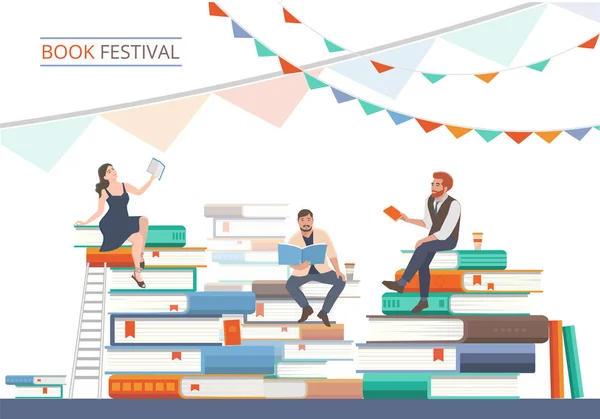 Kitap Festivali Afiş yığınlar kitap ve insanların karakter ile. Edebiyat olay, kitapçı reklam şablonu. Vektör düz çizim.