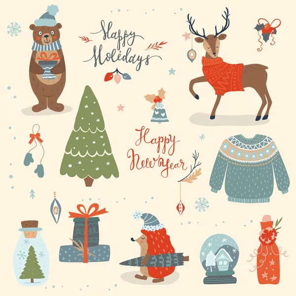 Weihnachten handgezeichnetes Set - Inschrift, Tiere und andere Elemente. Vektor Winter Illustration. — Stockvektor