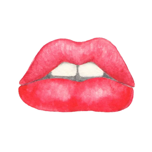 Bela mão desenhada aquarela design de lábios sexy vermelho. Ilustração da moda isolado no fundo branco — Fotografia de Stock
